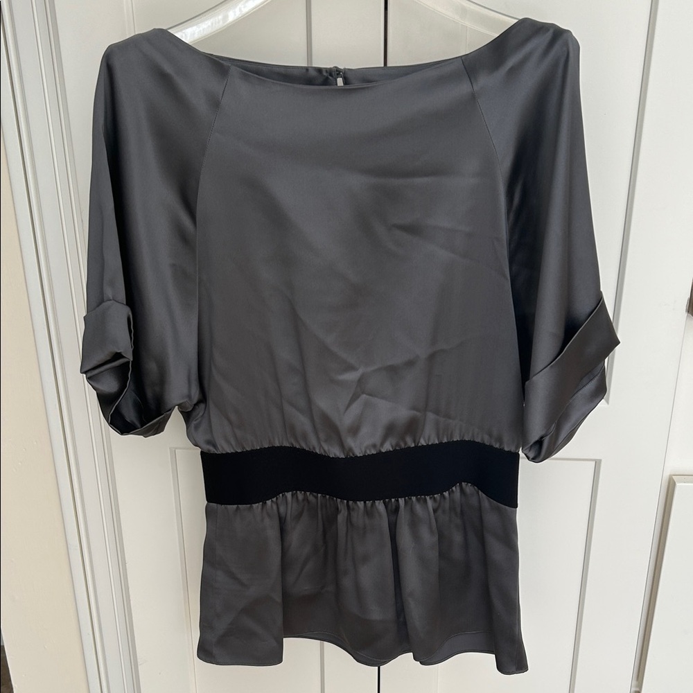 Theory 100% silk slate grey tunic style blouse with elastic waist in black